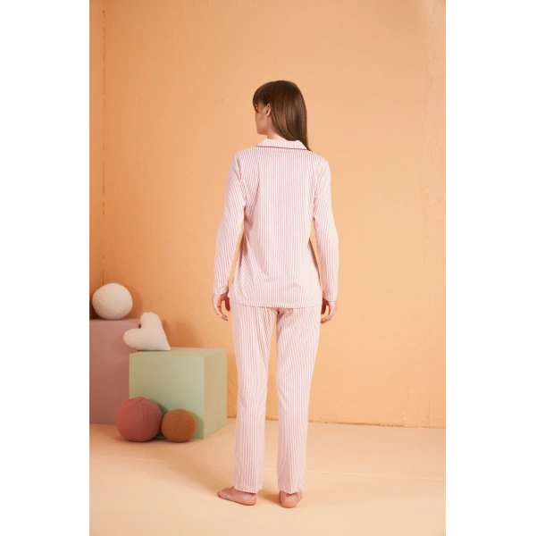 PJS 28001 Kadın Uzun Kol Çizgili Önü Düğmeli Pijama Takım