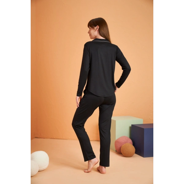 PJS 28049 Kadın Uzun Kol Önü Düğmeli Pijama Takım