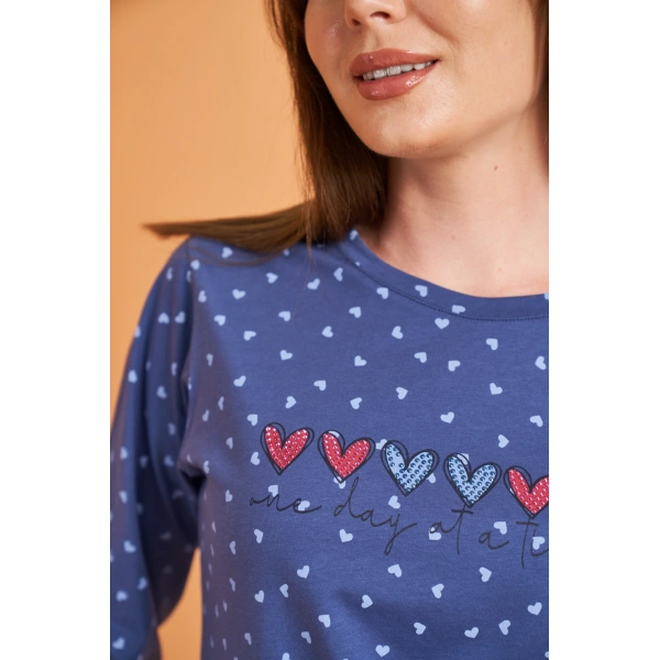 PJS 28081 Kadın Uzun Kol Yuvarlak Yaka Kalpli Pijama Takım