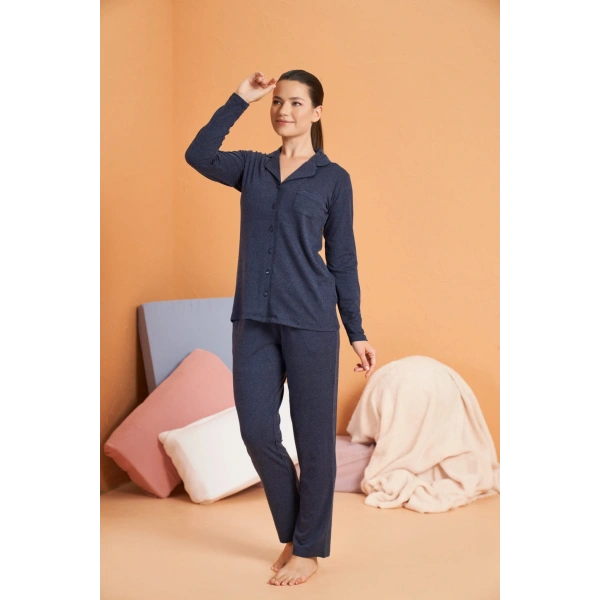 PJS 28090 Kadın Gömlek Yaka Patlı Pijama Takımı