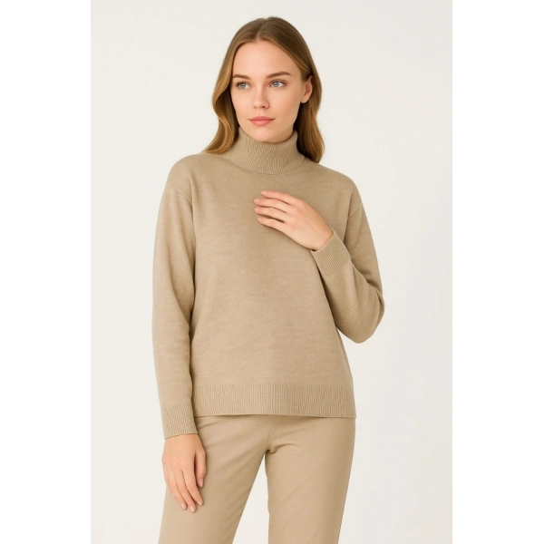 Yarım Boğaz Triko Kazak Yumuşak Dokulu Pamuklu Ince Dokuma, Uzun Kollu Rahat Regular Kalıp - Bej