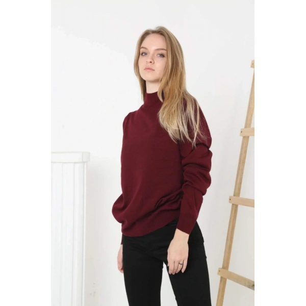 Yarım Boğaz Triko Kazak Yumuşak Dokulu Pamuklu Ince Dokuma, Uzun Kollu Rahat Regular Kalıp - Bordo