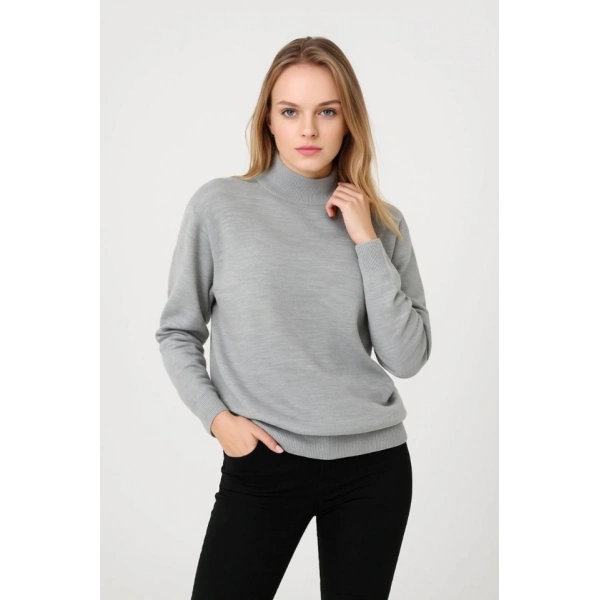 Yarım Boğaz Triko Kazak Yumuşak Dokulu Pamuklu Ince Dokuma, Uzun Kollu Rahat Regular Kalıp - Gri