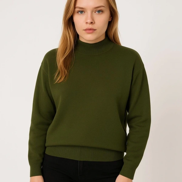 Yarım Boğaz Triko Kazak Yumuşak Dokulu Pamuklu Ince Dokuma, Uzun Kollu Rahat Regular Kalıp - Haki