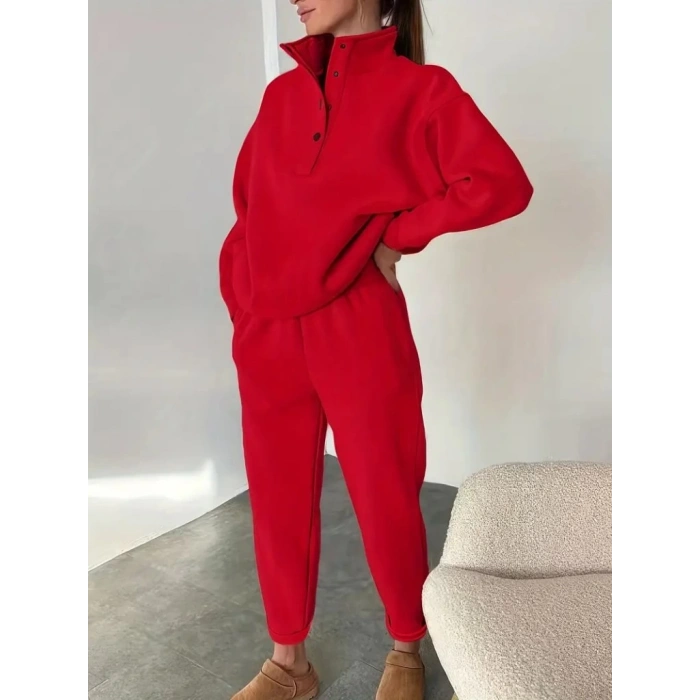 Kadın Uzun Kollu Balıkçı Dik Yakalı Düğmeli üç Iplik Bluz Ve Pantolon Ikili Takım