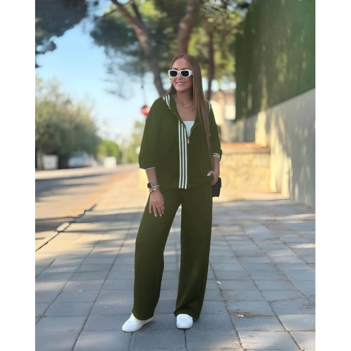 Kadın Uzun Kollu Kapşonlu Onu şerit Detaylı Fermuarlı Viskon Iki Iplik Bluz Ve Pantolon Ikili Takım