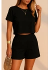 Kadın Kısa Kollu Yuvarlak Yakalı Ithal Keten Bluz Ve Short Ikili Takım