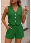 Kadın Kolsuz Askılı V Yakalı önden Düğmeli Ithal Keten Ceket Ve Short Ikili Takım