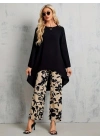 Kadın Uzun Kollu Bisiklet Yaka Asimetrik Kesim Detaylı Viskon Bluz Ve çiçek Desenli Iki Iplik Pantolon