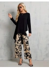 Kadın Uzun Kollu Bisiklet Yaka Asimetrik Kesim Detaylı Viskon Bluz Ve çiçek Desenli Iki Iplik Pantolon