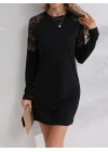 Kadın Uzun Kollu Bisiklet Yaka Dantel Detaylı Visk8n Iki Iplik Düğmeli Mini Elbise