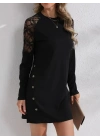Kadın Uzun Kollu Bisiklet Yaka Dantel Detaylı Visk8n Iki Iplik Düğmeli Mini Elbise