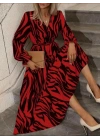 Kadın Uzun Kollu Kruvaze Yakalı Kuşaklı Zebra Desenli Süprem Maxi Elbise