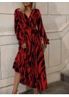 Kadın Uzun Kollu Kruvaze Yakalı Kuşaklı Zebra Desenli Süprem Maxi Elbise