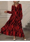 Kadın Uzun Kollu Kruvaze Yakalı Kuşaklı Zebra Desenli Süprem Maxi Elbise