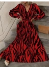 Kadın Uzun Kollu Kruvaze Yakalı Kuşaklı Zebra Desenli Süprem Maxi Elbise