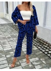 Kadın Uzun Kollu önü Açık Desenli Iki Iplik Ceket Ve Pantolon Ikili Takım