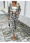 Kadın Uzun Kollu önü Açık Desenli Iki Iplik Ceket Ve Pantolon Ikili Takım