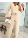 Kadın Uzun Kollu V Yakalı Keten Bluz Bağcıklı Pantolon Ikili Takım