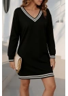Kadın Uzun Kollu V Yakalı şerit Detaylı Kısa Viskon Iki Iplik Elbise