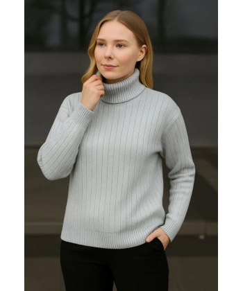 Balıkcı Yaka Bağazlı Triko Kazak Pamuklu Kalın Fitilli Dokuma - Gri