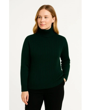 Balıkcı Yaka Bağazlı Triko Kazak Pamuklu Kalın Fitilli Dokuma - Haki