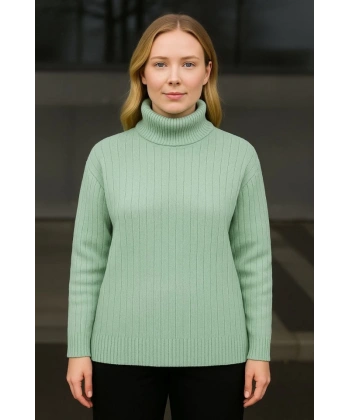 Balıkcı Yaka Bağazlı Triko Kazak Pamuklu Kalın Fitilli Dokuma - Mint Yeşili