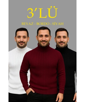 Erkek Fitilli Triko Kazak 3lÜ Set Beyaz Bordo Siyah Regular Balıkcı Yaka Tam Boğazlı Triko Seti Modeli Kazak