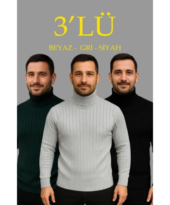 Erkek Fitilli Triko Kazak 3lÜ Set Gri Haki Siyah Regular Balıkcı Yaka Tam Boğazlı Triko Seti Modeli Kazak