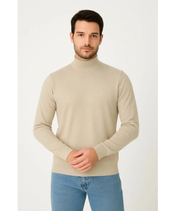 Erkek Yarım Boğaz Triko Kazak Yumuşak Dokulu Pamuklu Ince Dokuma, Uzun Kollu Rahat Regular Kalıp - Bej