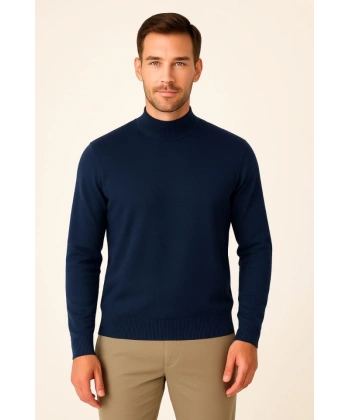 Erkek Yarım Boğaz Triko Kazak Yumuşak Dokulu Pamuklu Ince Dokuma, Uzun Kollu Rahat Regular Kalıp - Lacivert