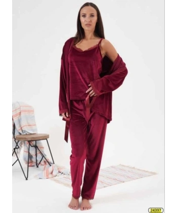 Estiva 24397 Bayan Kadife 3lü Pijama Takım