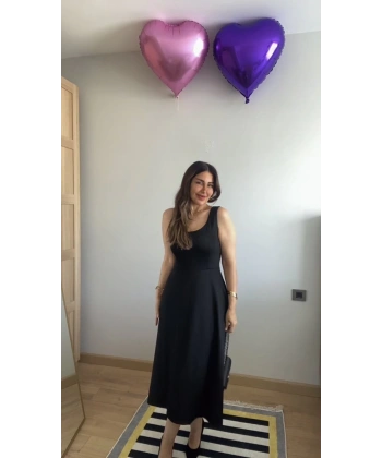 Kadın Askılı Kare Yaka Yırtmaçlı Midi Janjan Krep Elbise