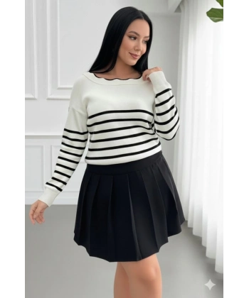 Kadın Beyaz Sırt Bağlama Detaylı çizgi Desen Triko Bluz