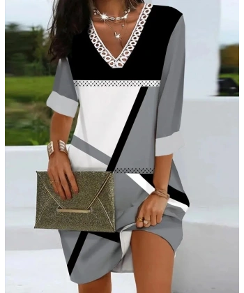 Kadın Fakir Kollu V Dantel Yaka Geometrik Desenli Dalgıç Elbise