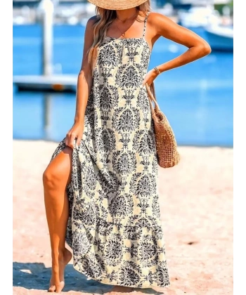 Kadın Ip Askılı Desenli Fırfırlı Süprem Elbise