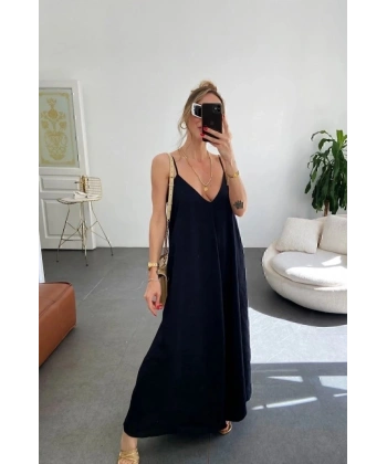 Kadın Ip Askılı V Yakalı Uzun Aerobin Elbise