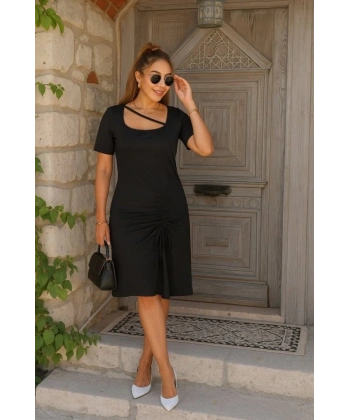 Kadın Kısa Kollu Kare Yakalı Ip Detaylı Janjan Krep Elbise