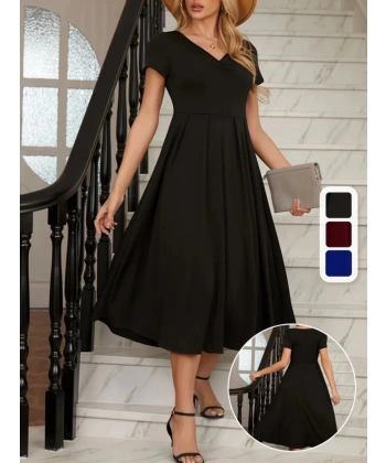 Kadın Kısa Kollu V Yakalı önden Pileli Midi Janjan Krep Elbise