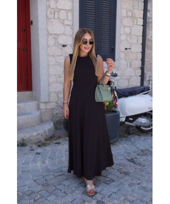 Kadın Sıfır Kollu Bisiklet Yaka Viskon Elbise