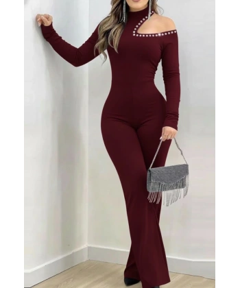 Kadın Tek Omuzdan Açık Balıkçı Yaka Taş Detaylı Uzun Ithal Krep Tulum