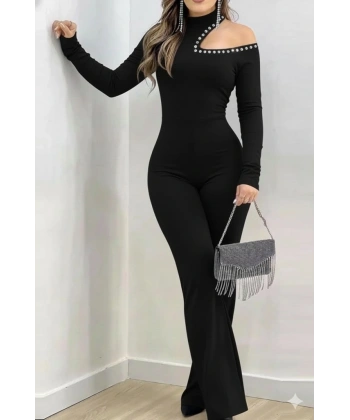 Kadın Tek Omuzdan Açık Balıkçı Yaka Taş Detaylı Uzun Ithal Krep Tulum