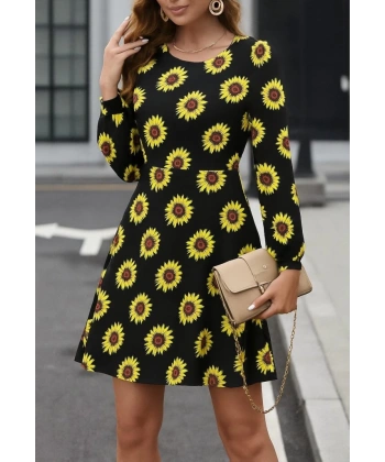 Kadın Uzun Kollu Bisiklet Yaka Desenli Kısa Krep Elbise