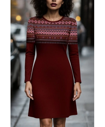 Kadın Uzun Kollu Bisiklet Yaka Etnik Desenli Kısa şardonlu Dalgıç Elbise