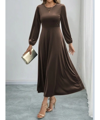 Kadın Uzun Kollu Bisiklet Yaka Midi Kadife Elbise