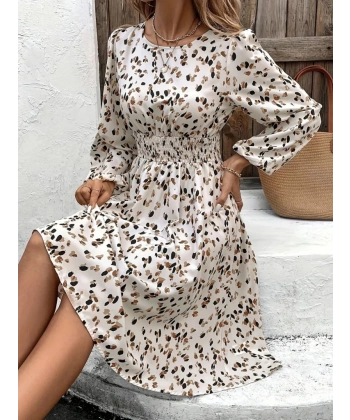 Kadın Uzun Kollu Bot Yaka Beli Lastikli Midi Süprem Elbise