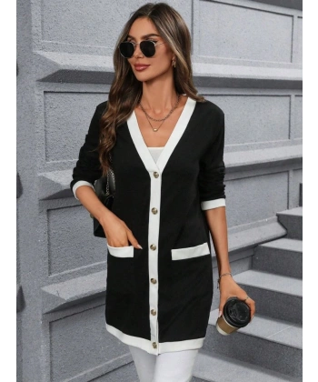 Kadın Uzun Kollu Cepli önden Düğmeli Uzun Modal Ceket Hırka