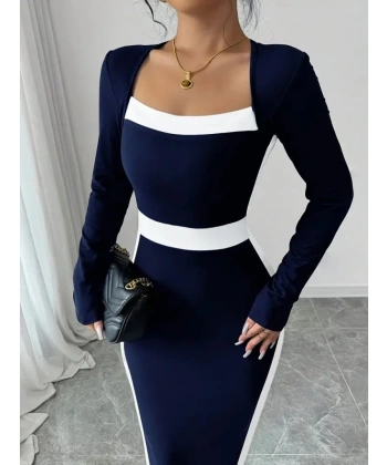 Kadın Uzun Kollu Geometrik Yaka Midi Ithal Krep Elbise