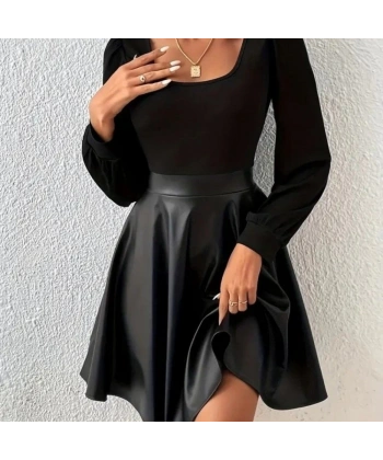 Kadın Uzun Kollu Kare Yaka üst Viskon Alt Deri Mini Elbise