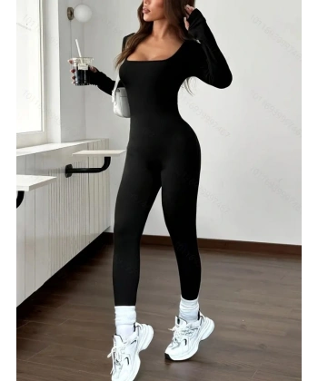 Kadın Uzun Kollu Kare Yakalı Fermuarlı Parmaktan Geçmeli Dalgıç Tulum